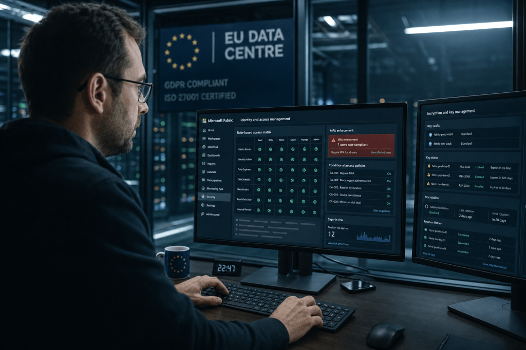 Welke securitymaatregelen heb je nodig om gevoelige data in een dataplatform (zoals Microsoft Fabric) te beschermen, inclusief identity & access management, encryptie en&nbsp;monitoring?