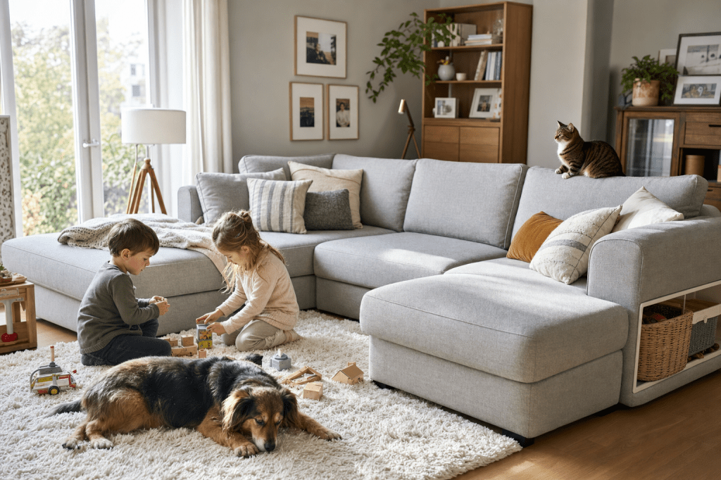 Is een elementbank geschikt voor een gezin met kinderen en huisdieren, en welke stoffen en opstellingen zijn dan het meest praktisch?