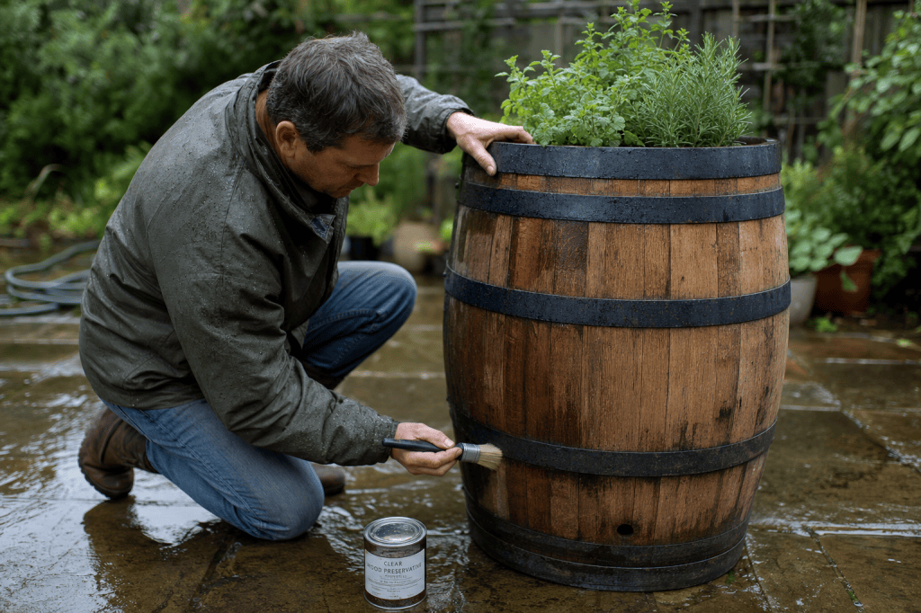 Hoe onderhoud je een wijnvat als plantenbak zodat het hout niet gaat rotten of scheuren en het vat jarenlang buiten&nbsp;meegaat?