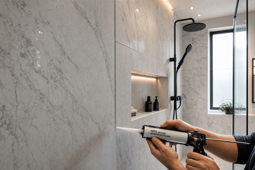 Is een wand paneel marmer geschikt voor gebruik in de douche of badkamer, en waar moet je op letten bij waterdichting en afwerking?